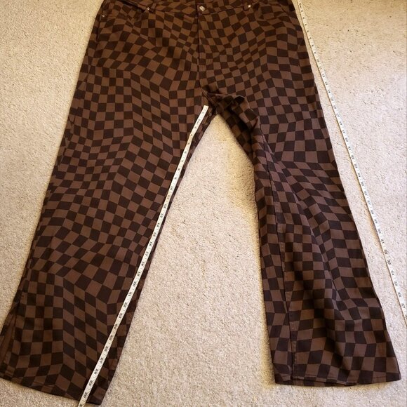 H&M Brown Checkered Denim Slit Hem Jean Straight Leg Pants Size XXL EUC - Picture 7 of 9